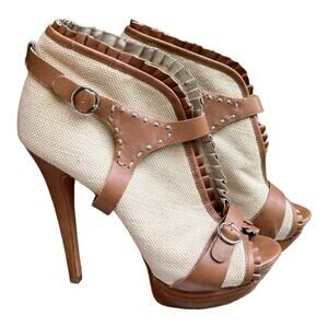 Velvet Angels Womens Platform Peep Toe Tan Leather Woven Pumps Sz 37.5 EU 6.5 US